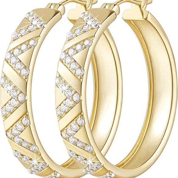 14K GoldV-Shaped Cubic Zirconia Inlay Thick Hoop Earrings